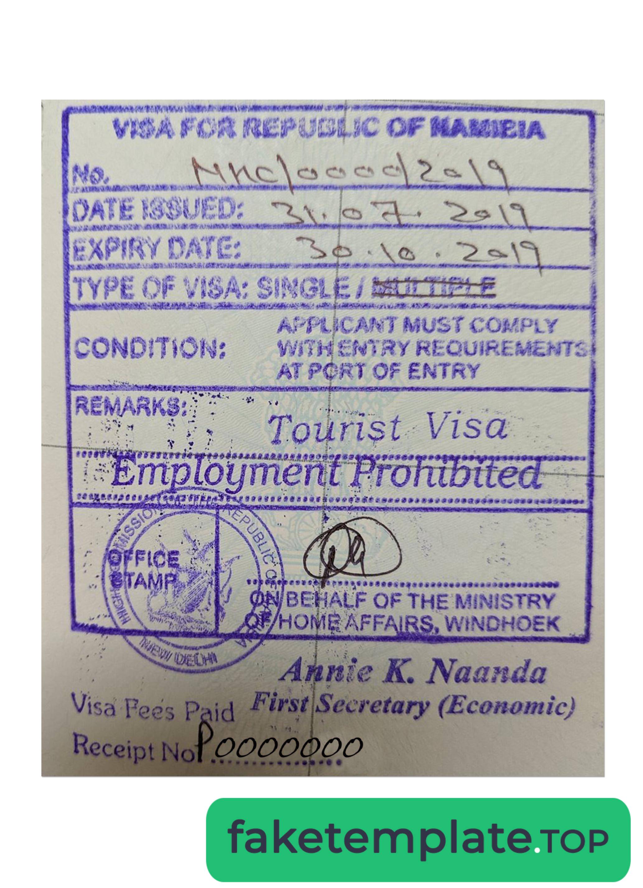 Feature of fake NAMIBIA stamp visa example